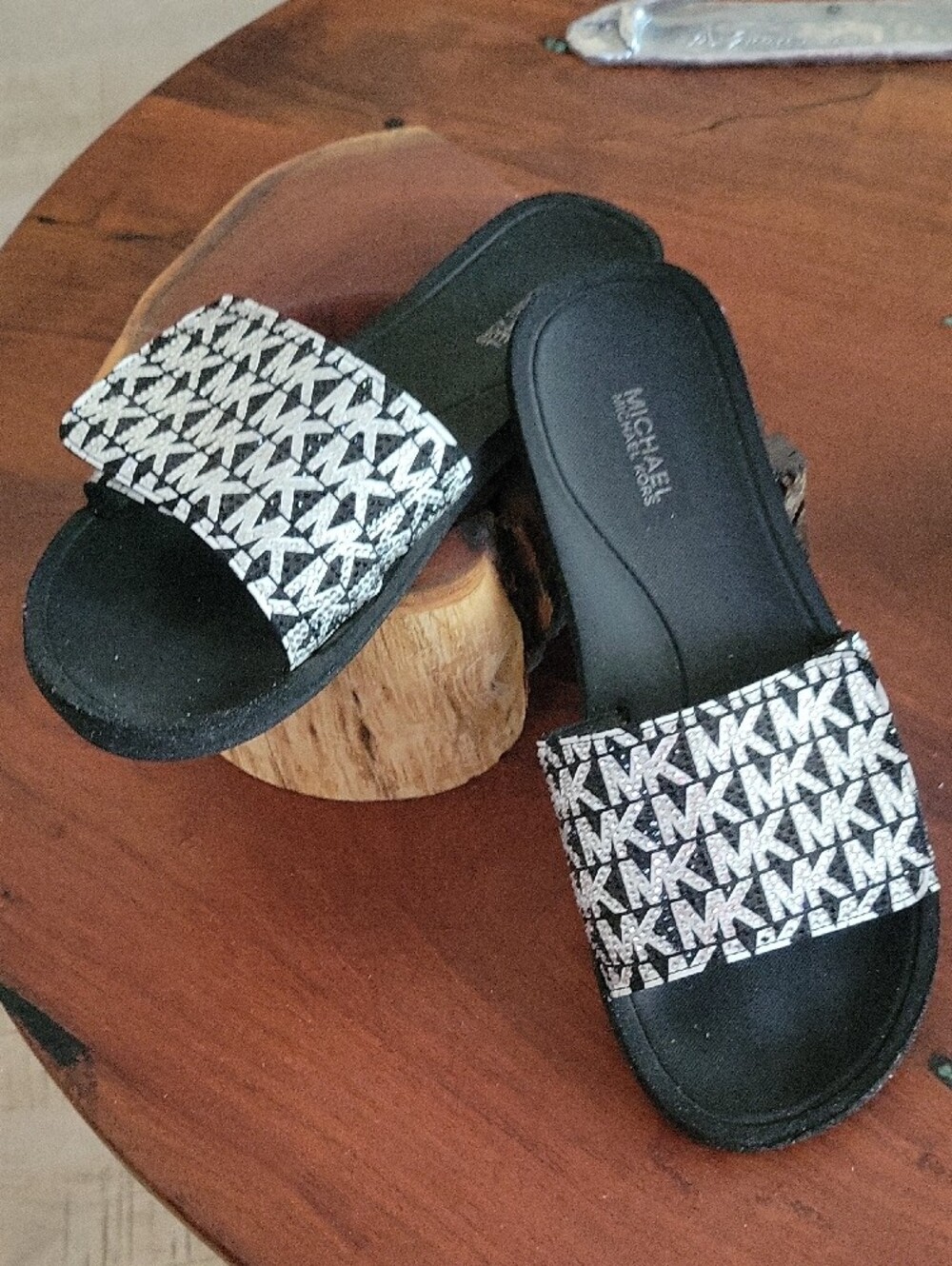 Michael Kors Black Slide Sandals with White MK Logo Strap - Picture 11 of 11